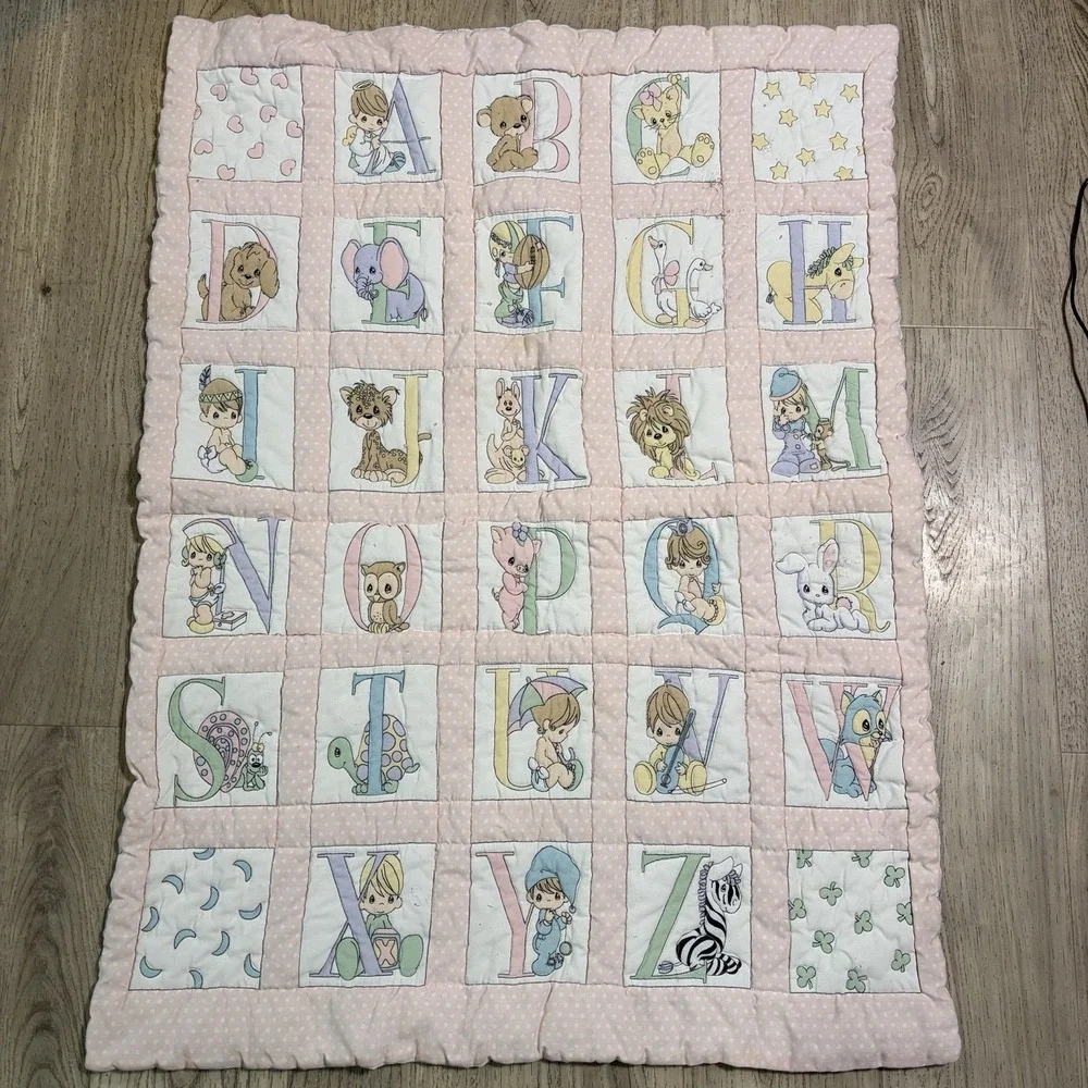 Vintage Precious Moments Alphabet ABC PinkCrib Blanket Quilt Homemade 41